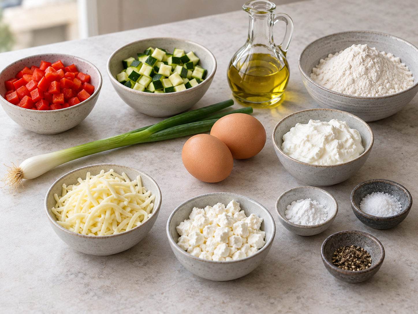 Zutaten für herzhafte Gemüsemuffins mit zwei Eiern, Paprika, Zucchini, Magerquark, Mozzarella und Feta