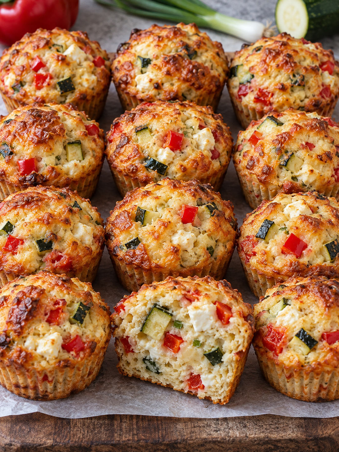 Zwölf saftige herzhafte Gemüsemuffins mit goldbrauner Käsekruste