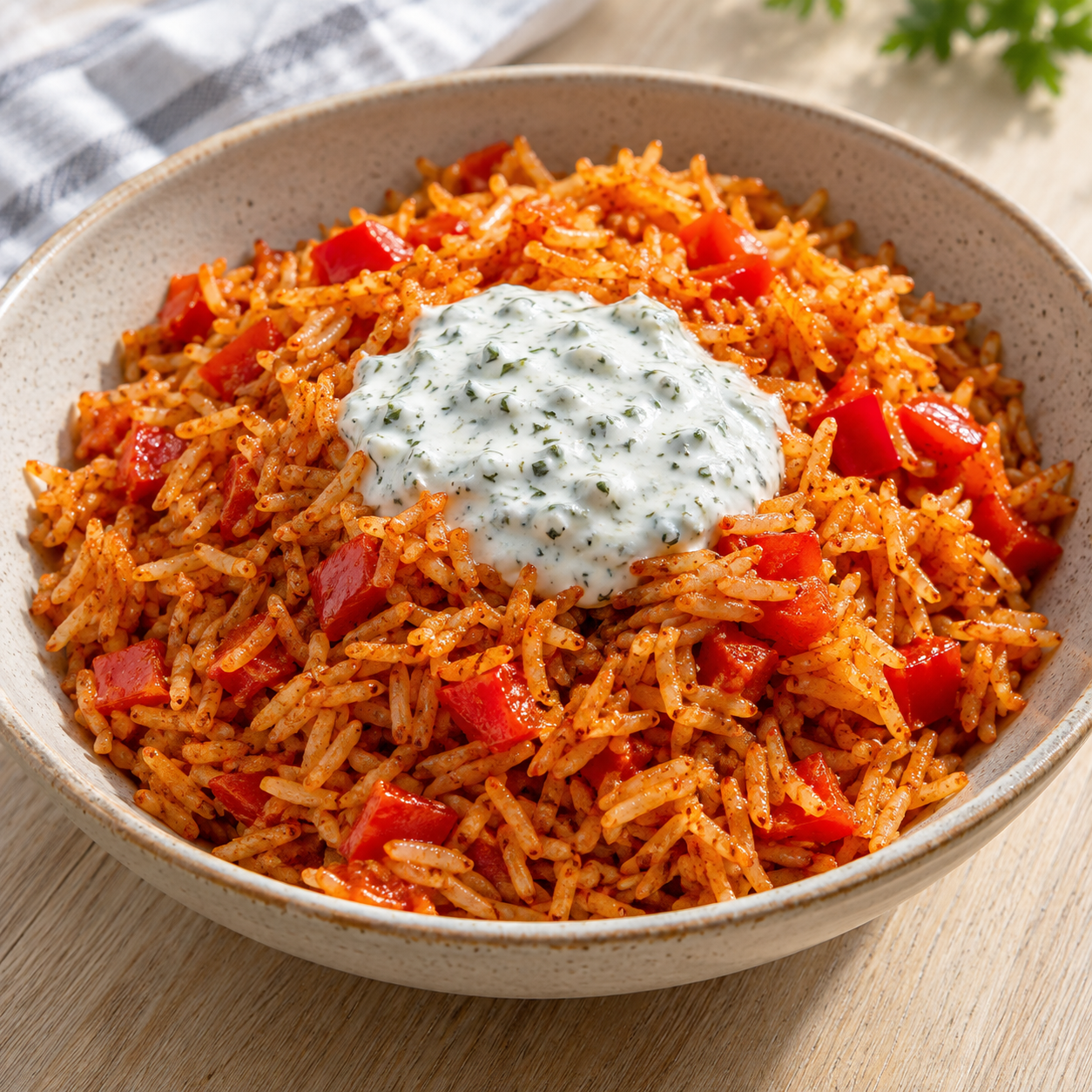 Paprika-Reis-Pfanne mit roten Paprikawürfeln und würziger Joghurtsoße