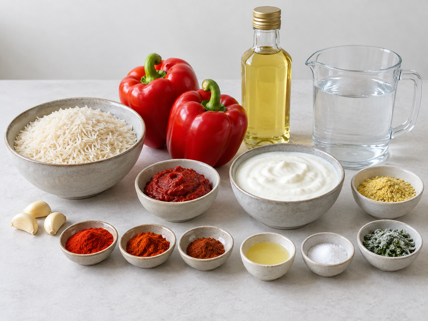 Zutaten für Paprika-Reis-Pfanne und Joghurtsoße mit Basmatireis, zwei roten Paprika und drei Knoblauchzehen