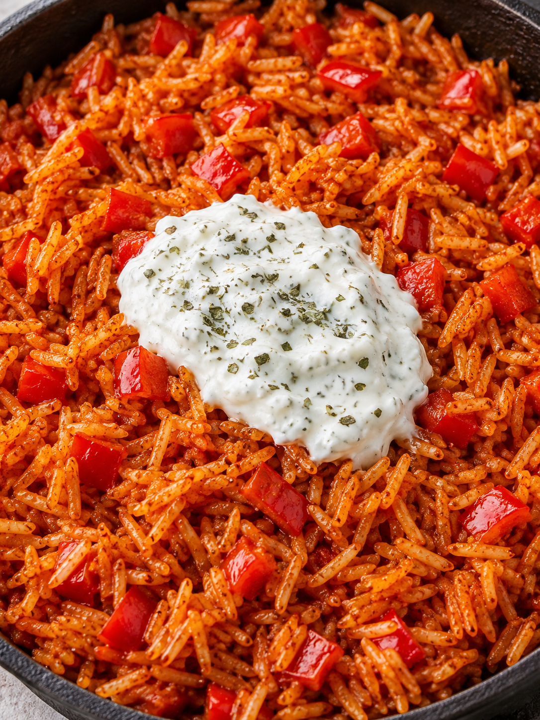Rote Paprika-Reis-Pfanne mit cremiger Kräuter-Joghurtsoße