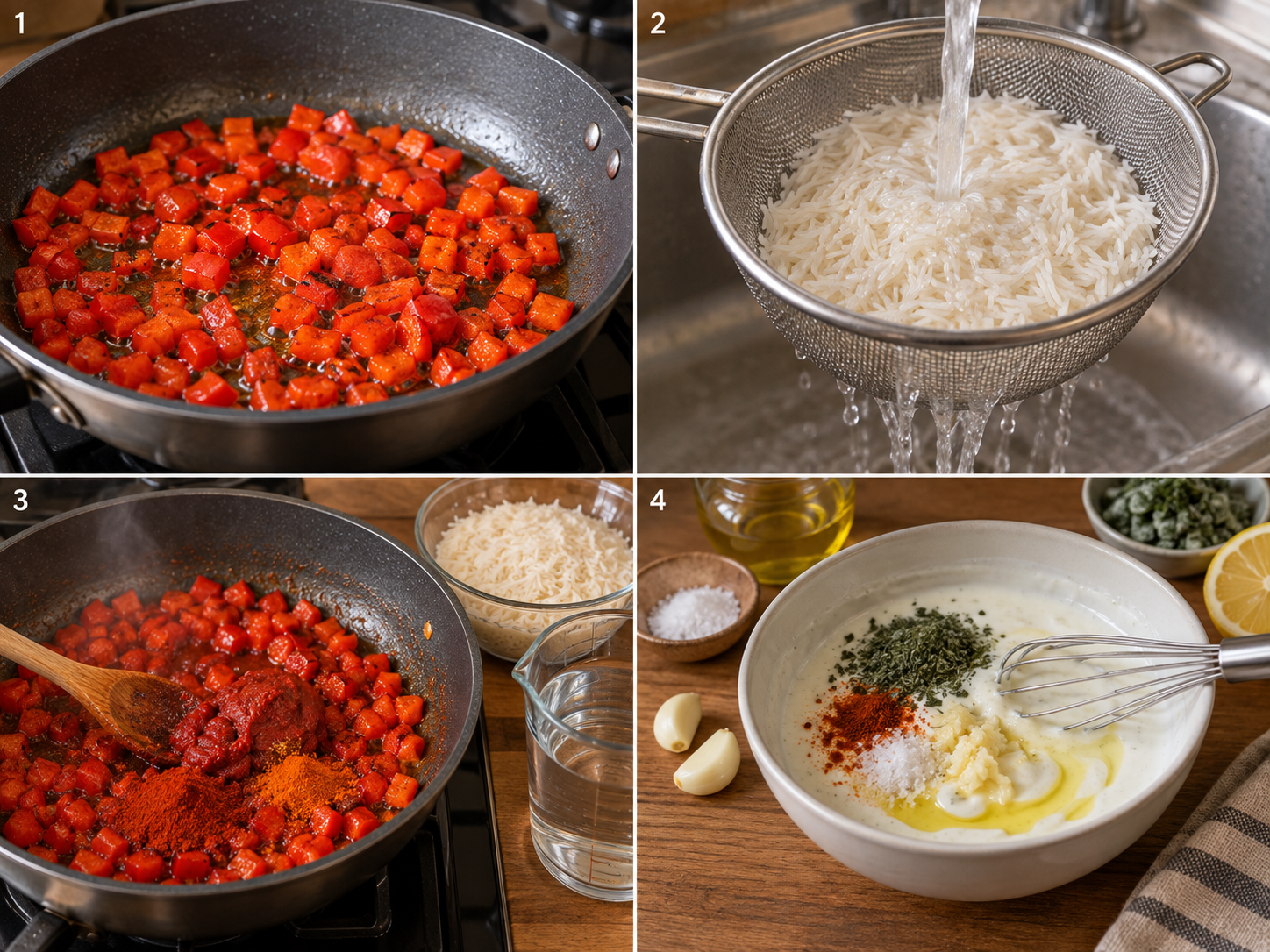 Vier Schritte für Paprika-Reis-Pfanne mit Joghurtsoße vom Anbraten bis zum Verrühren der Soße