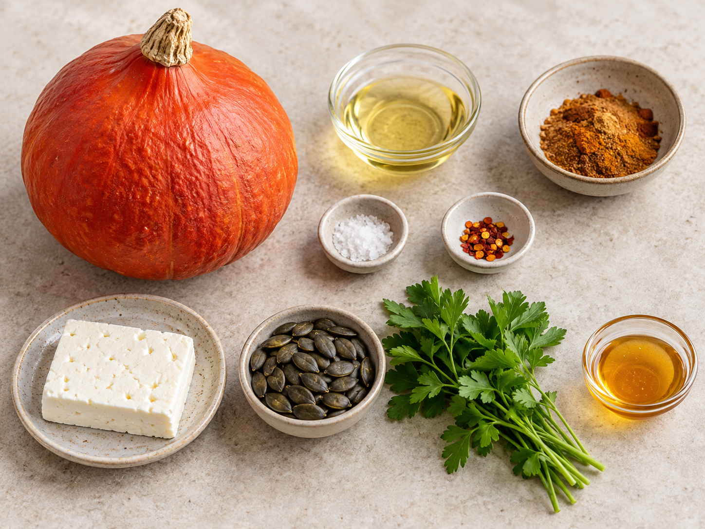 Zutaten für Ofenkürbis mit Feta und Honig