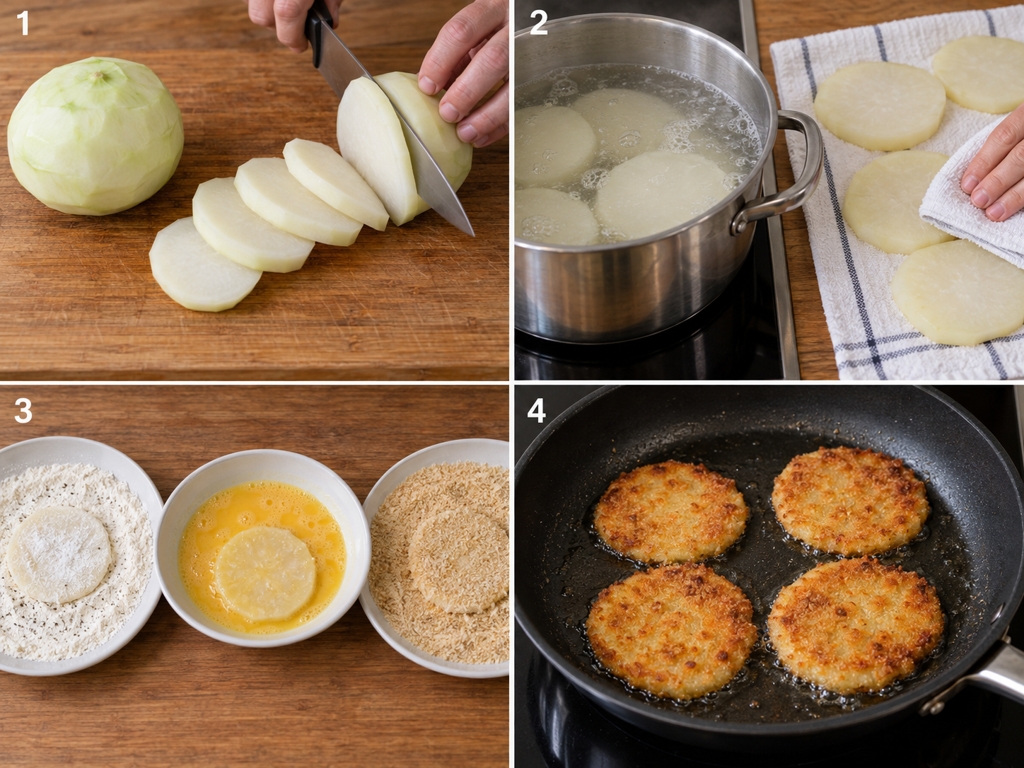 Zubereitung von Kohlrabischnitzeln in vier Schritten