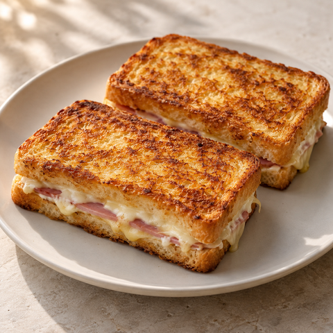 Zwei goldbraun gebratene Croque Monsieur mit Schinken, Gruyère und Béchamel