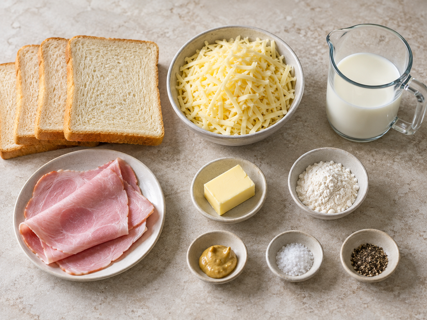 Weißbrot, Gruyère, Schinken, Butter, Mehl, Milch, Dijon-Senf, Salz und Pfeffer für Croque Monsieur
