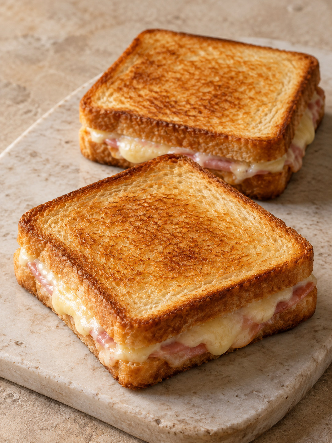 Zwei klassische Croque Monsieur mit knusprigem Weißbrot und geschmolzenem Gruyère