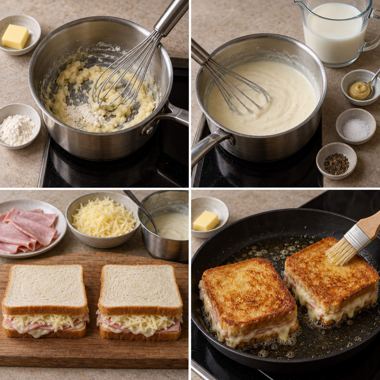 Béchamel kochen, zwei Croque Monsieur zusammensetzen und in der Pfanne goldbraun braten