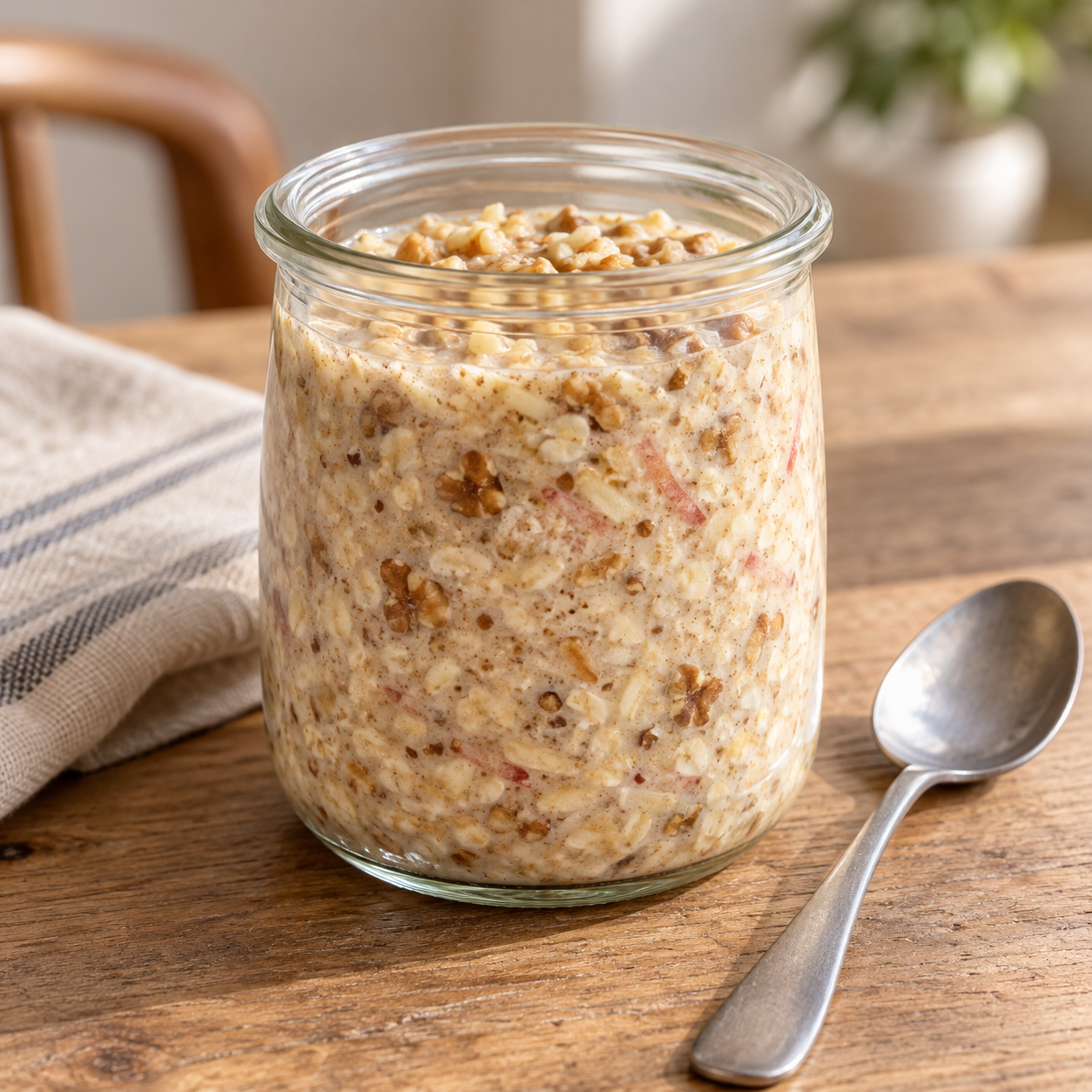 Vegane Overnight Oats mit geriebenem Apfel und Walnüssen im Glas