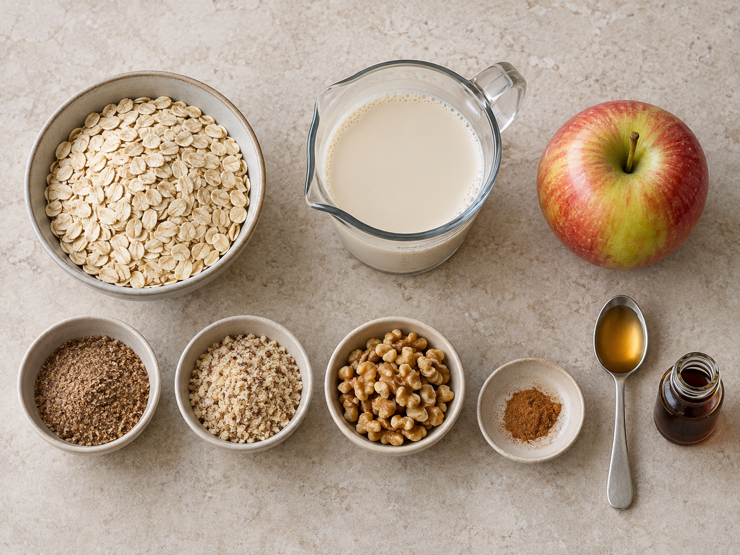 Zutaten für vegane Overnight Oats mit Apfel und Walnüssen