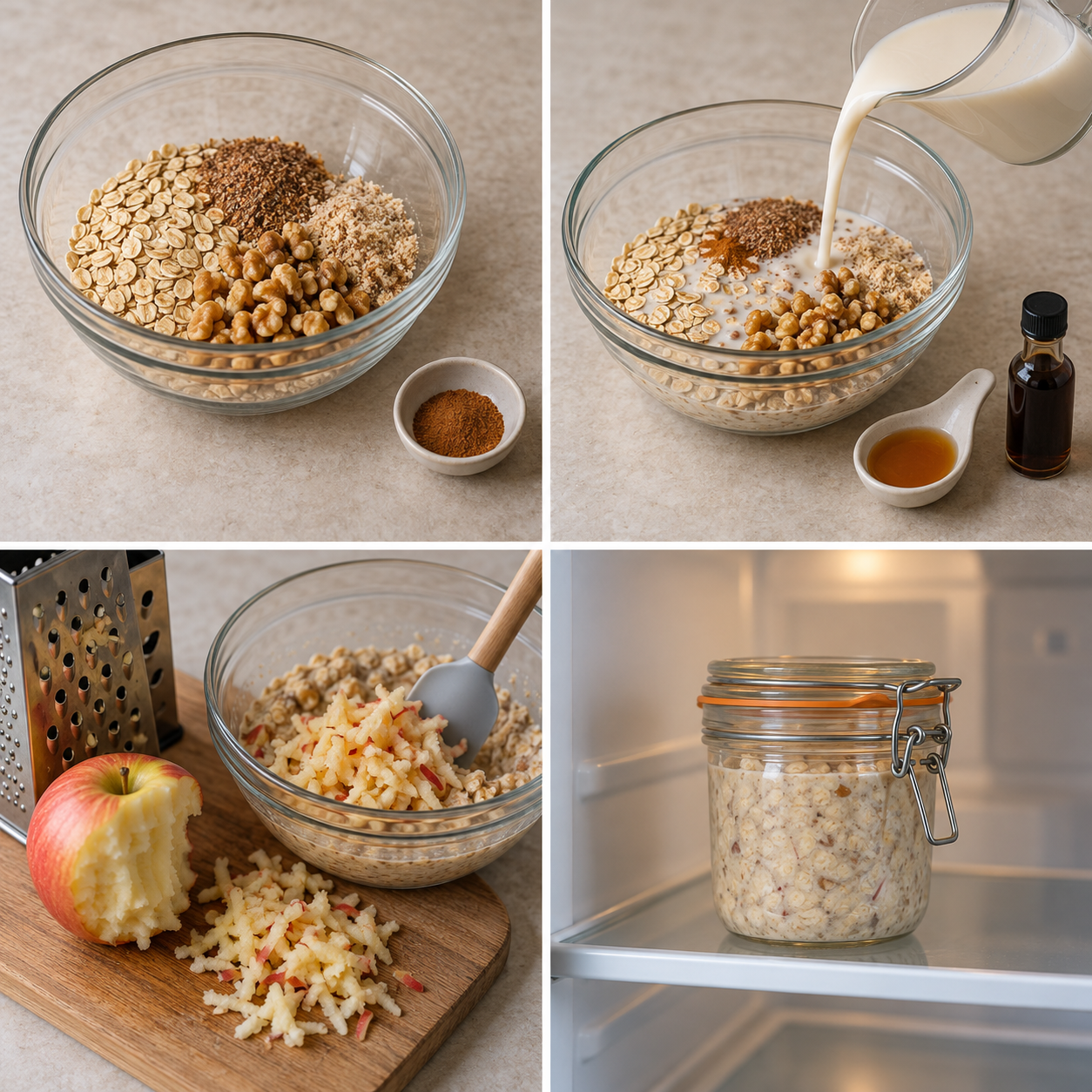 Zubereitung der veganen Overnight Oats mit Apfel in vier Schritten