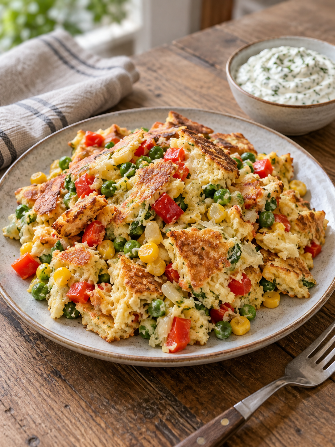 Bunter Gemüseschmarrn mit Kräuterdip für Pinterest