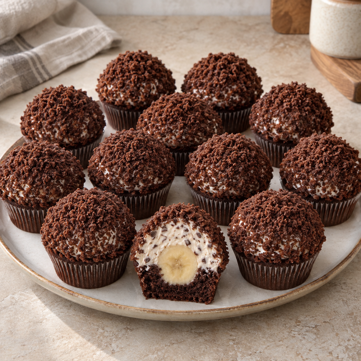 Zwölf Maulwurf-Muffins mit Banane und Stracciatella-Sahne