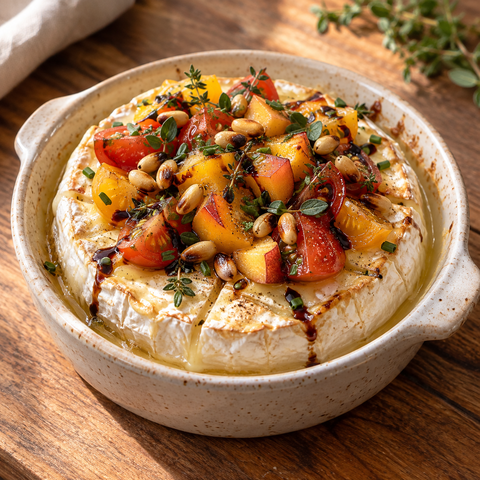 Gebackener Camembert mit Tomaten, Pfirsichen, Pinienkernen und Balsamico