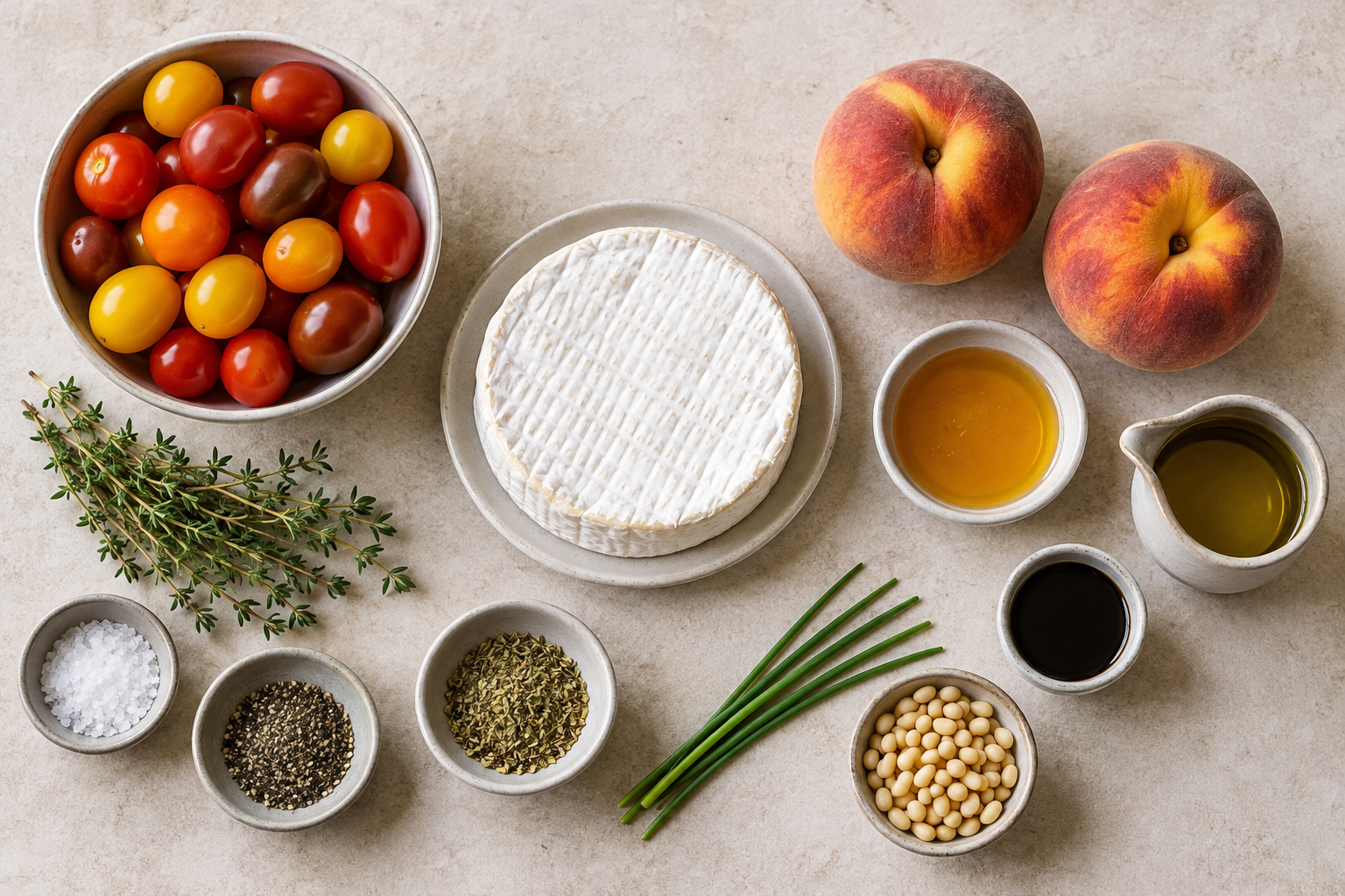 Zutaten für gebackenen Camembert mit Tomaten-Pfirsich-Topping