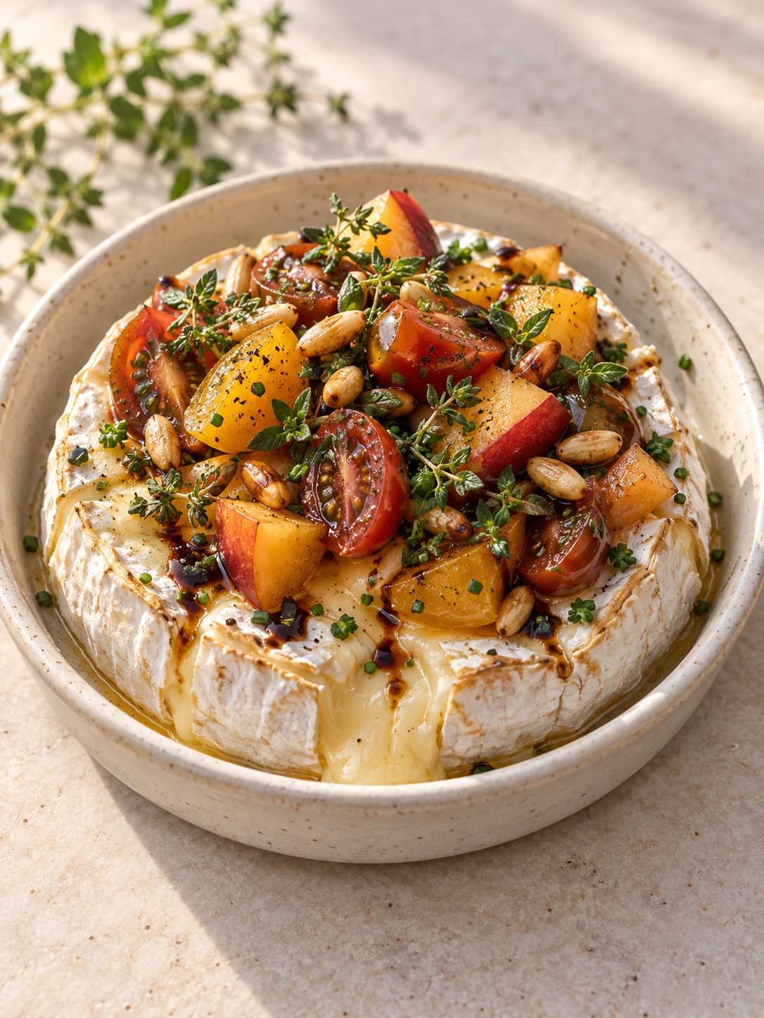 Gebackener Camembert mit fruchtigem Tomaten-Pfirsich-Topping