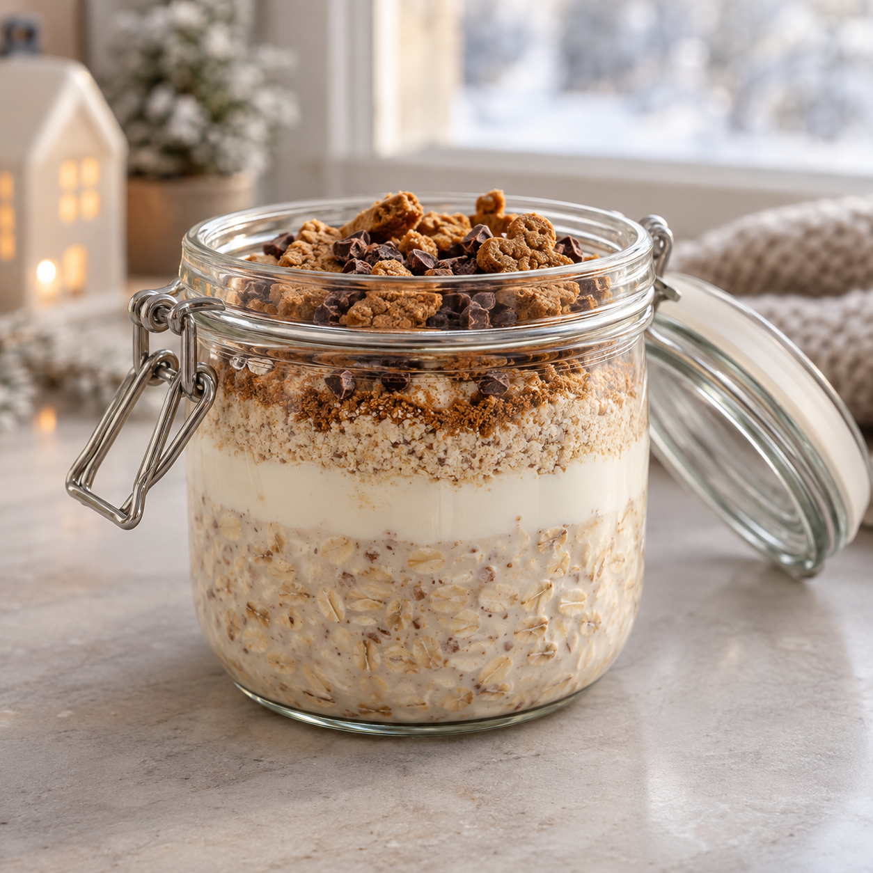 Lebkuchen Overnight Oats mit Joghurt, Kakao-Nibs und Mini-Lebkuchen im Glas
