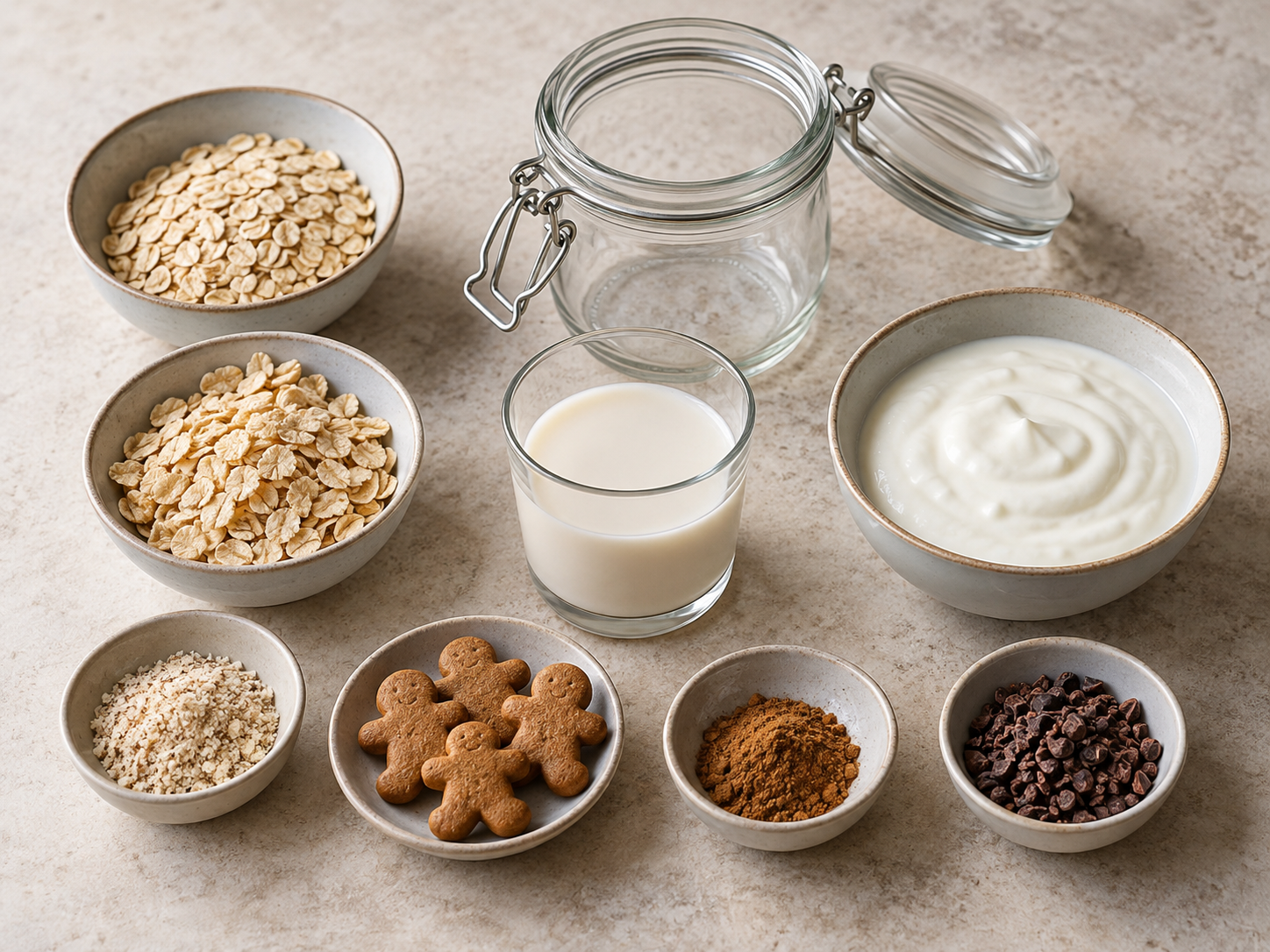 Zutaten für Lebkuchen Overnight Oats mit Haferflocken, Sojaflocken, Mandelmilch und Joghurt