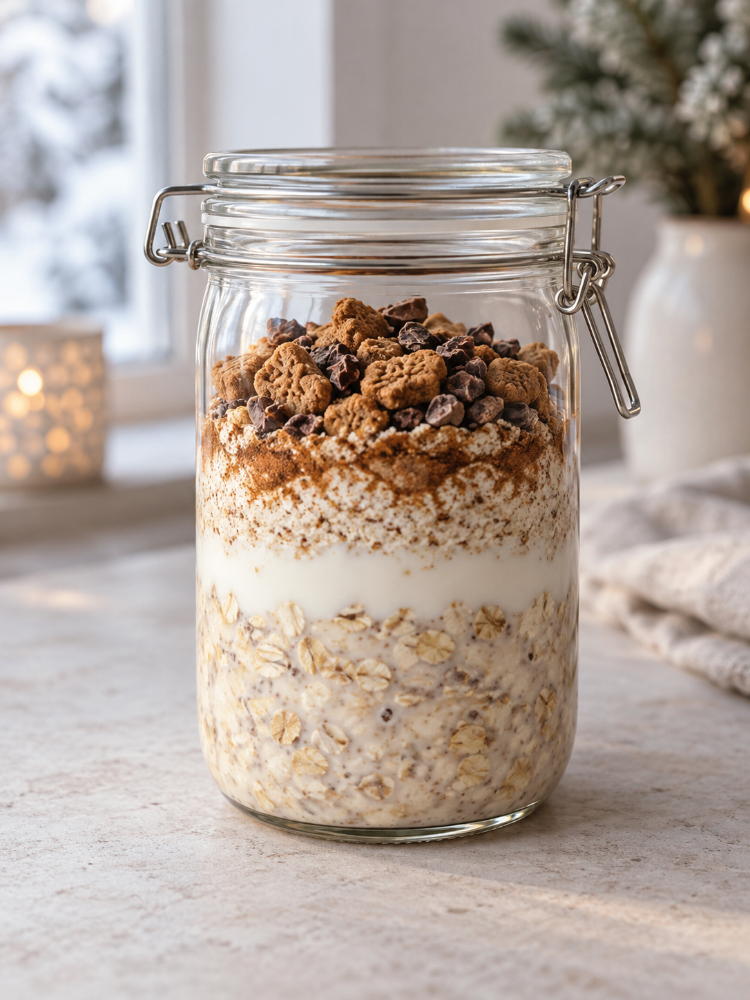 Lebkuchen Overnight Oats im hohen Glas mit Kakao-Nibs und Mini-Lebkuchen