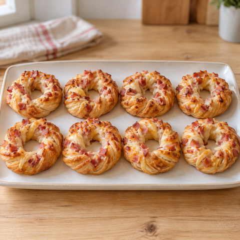 Acht goldbraune Blätterteig-Kringel mit Schinken und Käse