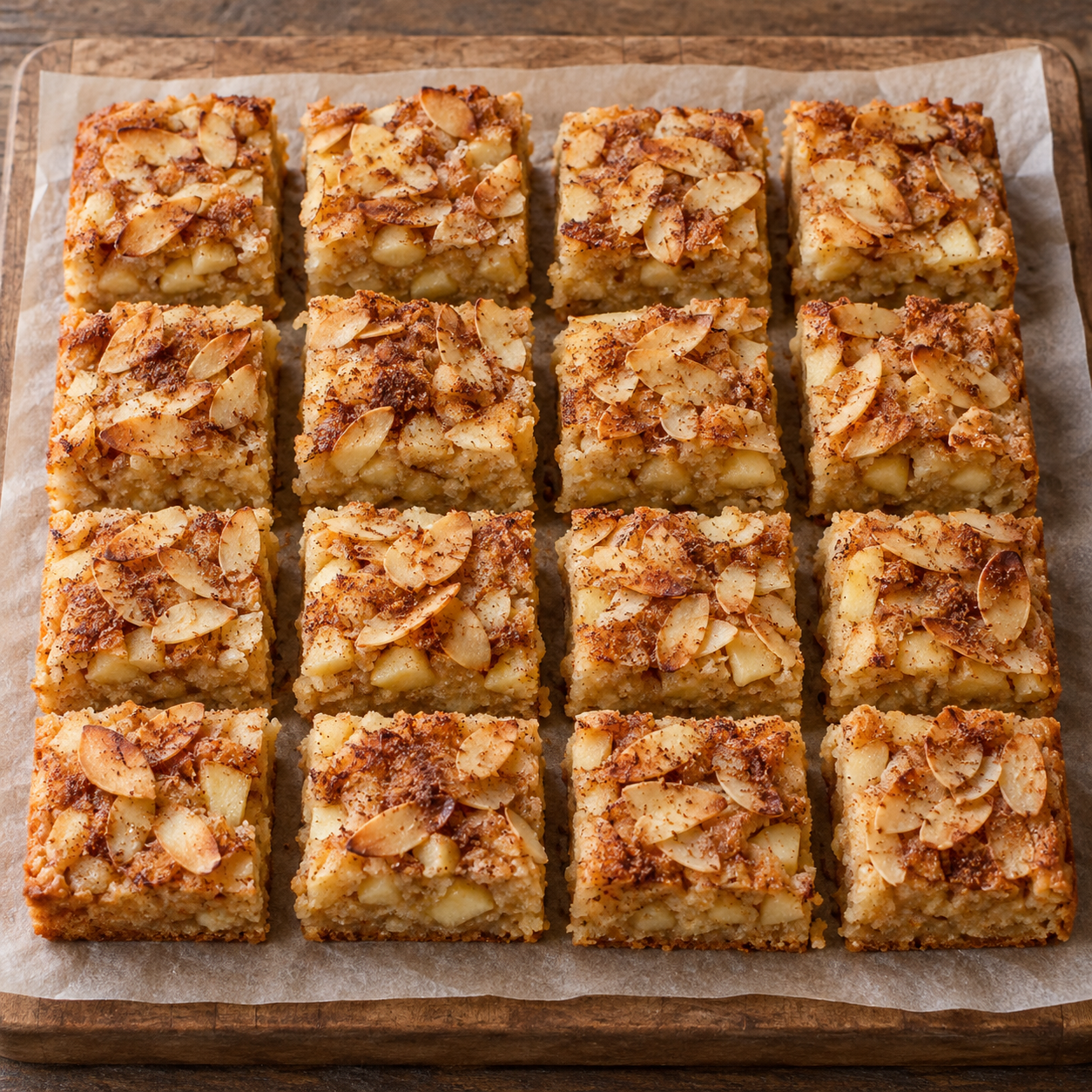 Sechzehn saftige Zimt-Apfel-Blondies mit Mandelkruste
