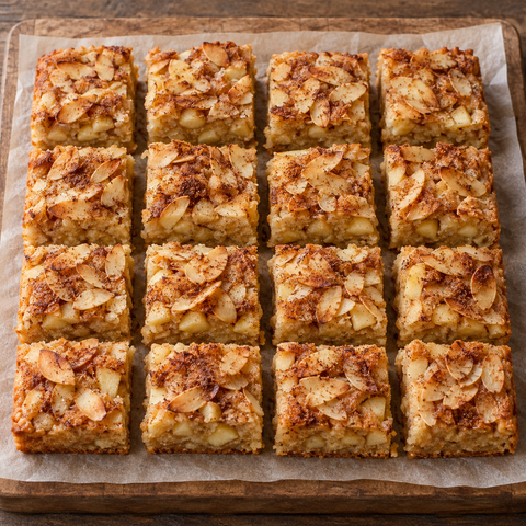 Sechzehn saftige Zimt-Apfel-Blondies mit Mandelkruste