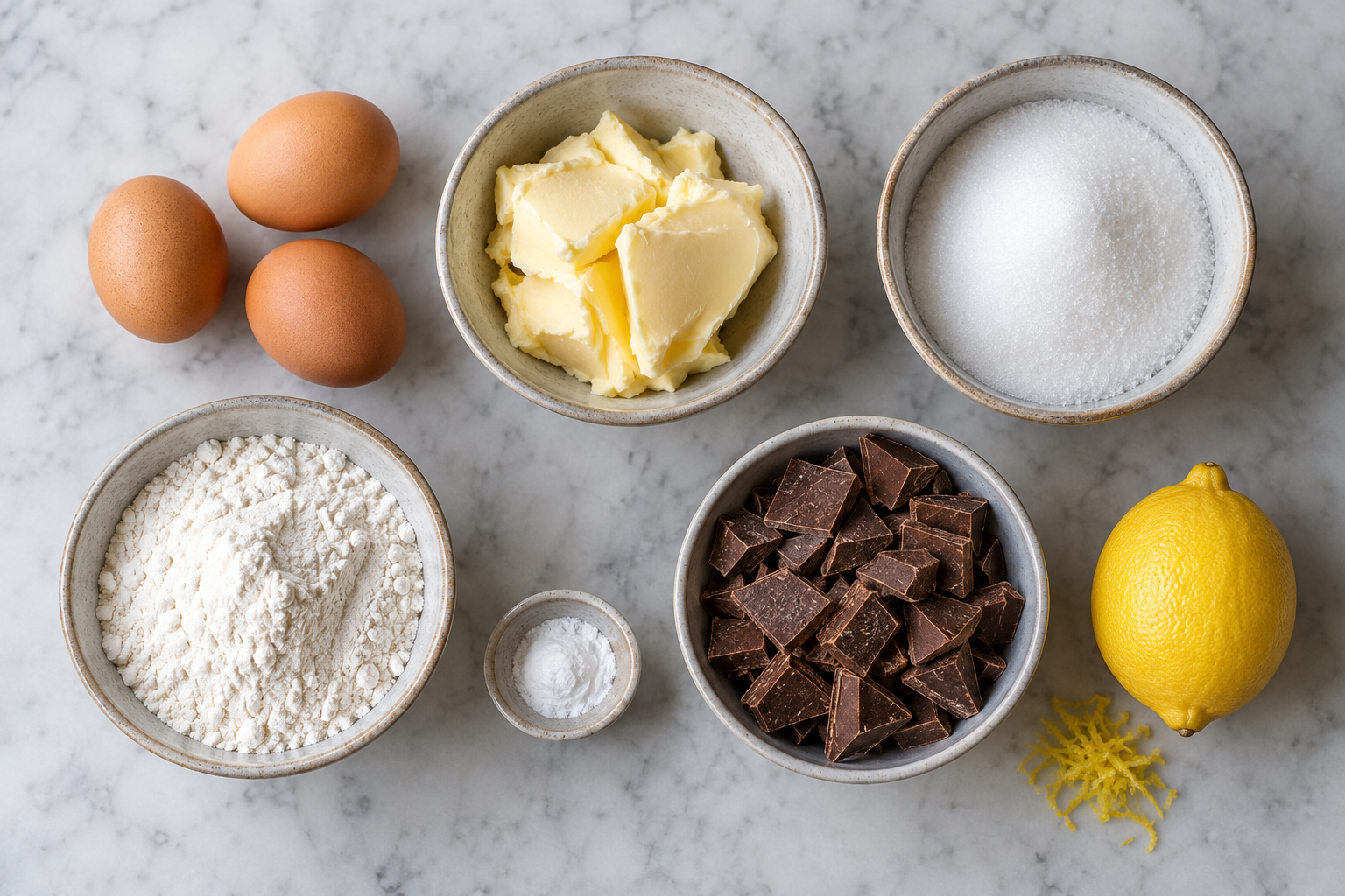Zutaten für Schoko-Häufchen mit Eiern, Butter, Mehl, Schokolade und Zitrone