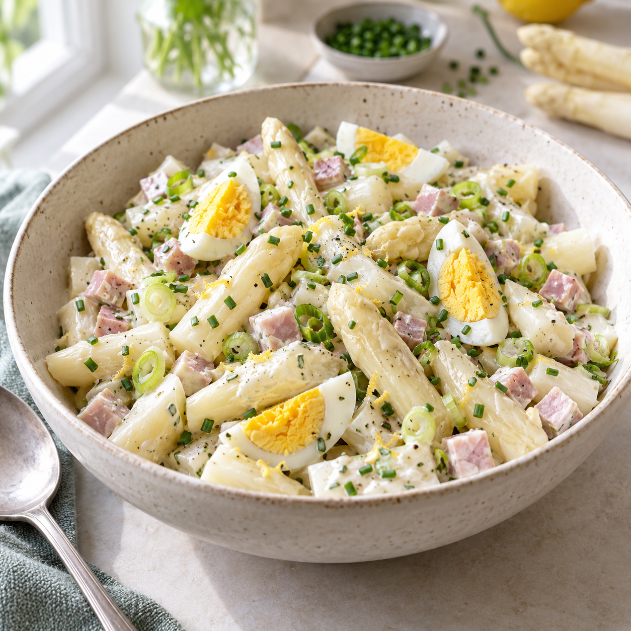 Spargelsalat mit Ei und Schinken