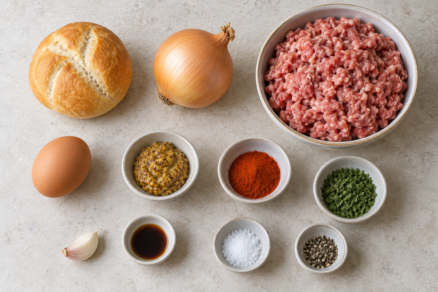 Zutaten für Omas Frikadellen mit Hackfleisch, Brötchen, Ei, Zwiebel und Gewürzen