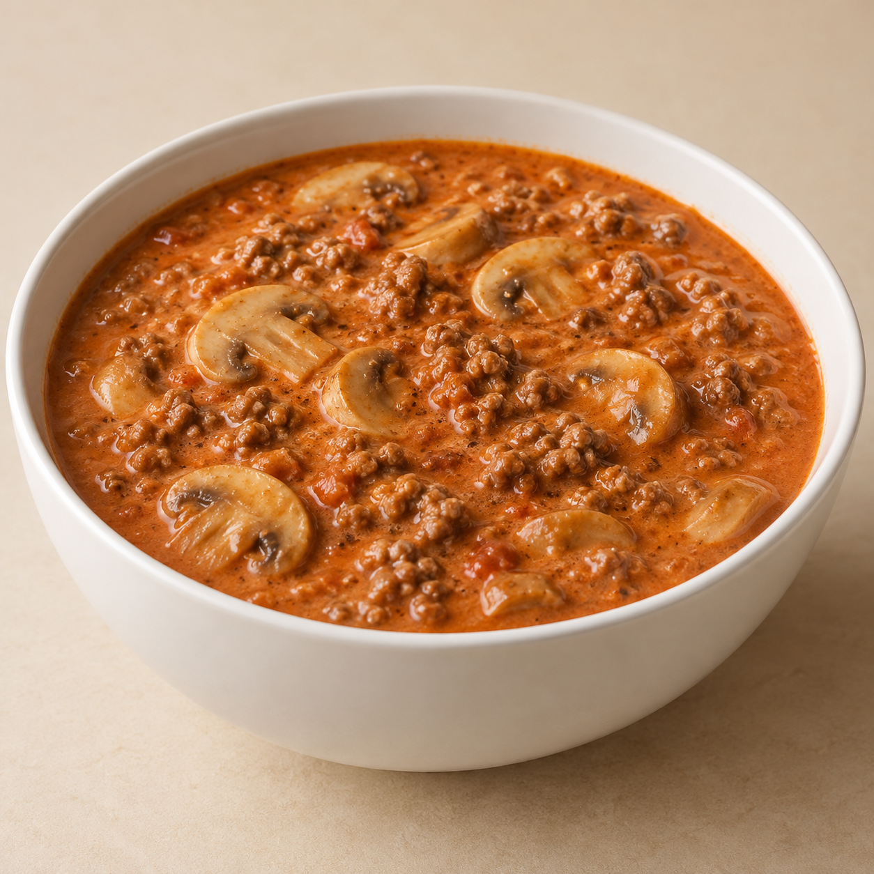 Cremige Hackfleisch-Suppe mit Tomaten und Champignons in einer weißen Schale