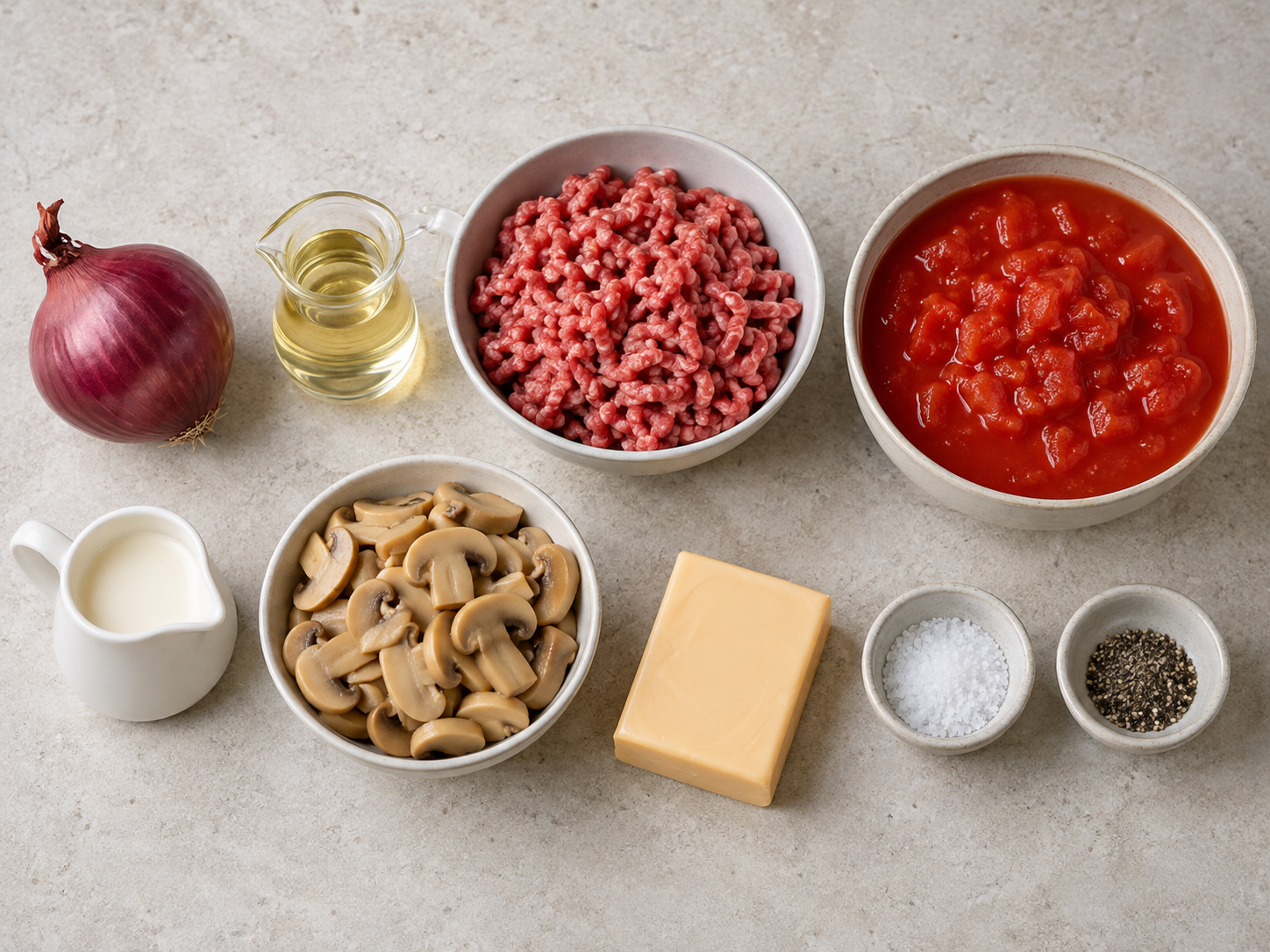 Zutaten für Hackfleisch-Suppe mit Tomaten, Champignons und Schmelzkäse