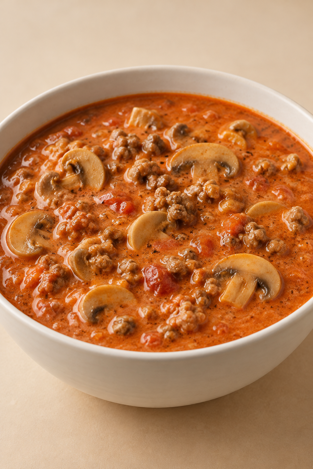 Cremige Hackfleisch-Suppe mit Champignons im Hochformat