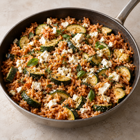Mediterrane Zucchini-Reis-Pfanne mit Feta und Kräutern