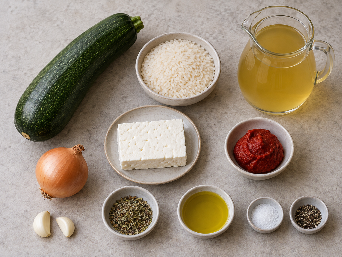 Zutaten für Zucchini-Reis-Pfanne mit Feta