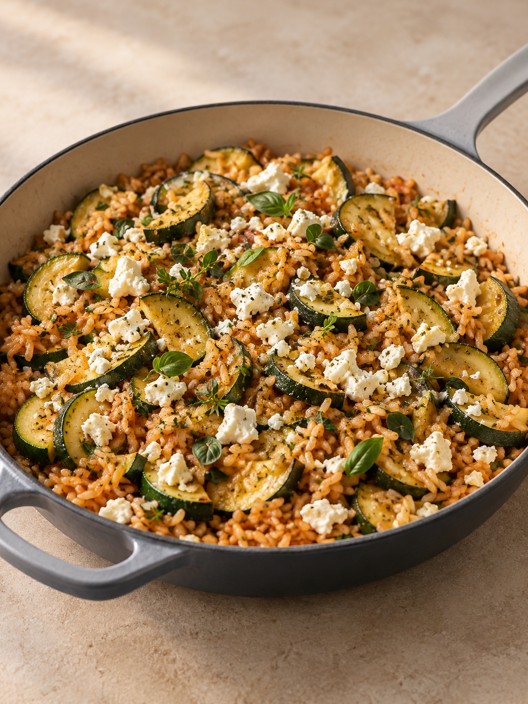 Zucchini-Reis-Pfanne mit Feta im Hochformat