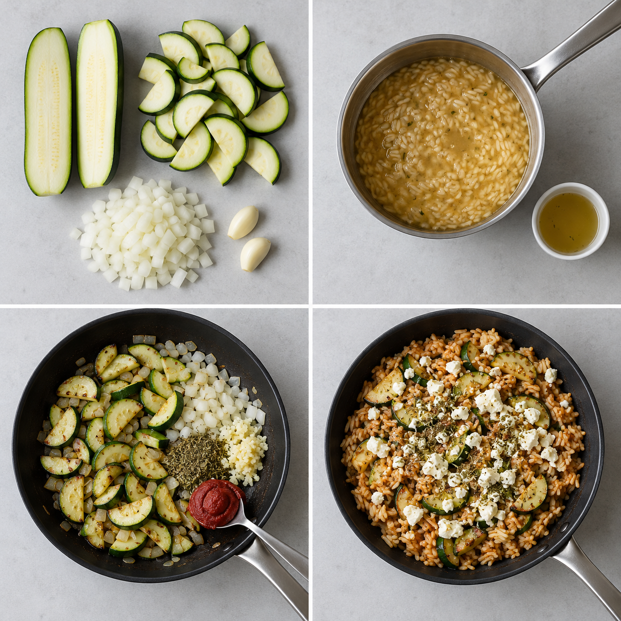 Vier Zubereitungsschritte für Zucchini-Reis-Pfanne mit Feta