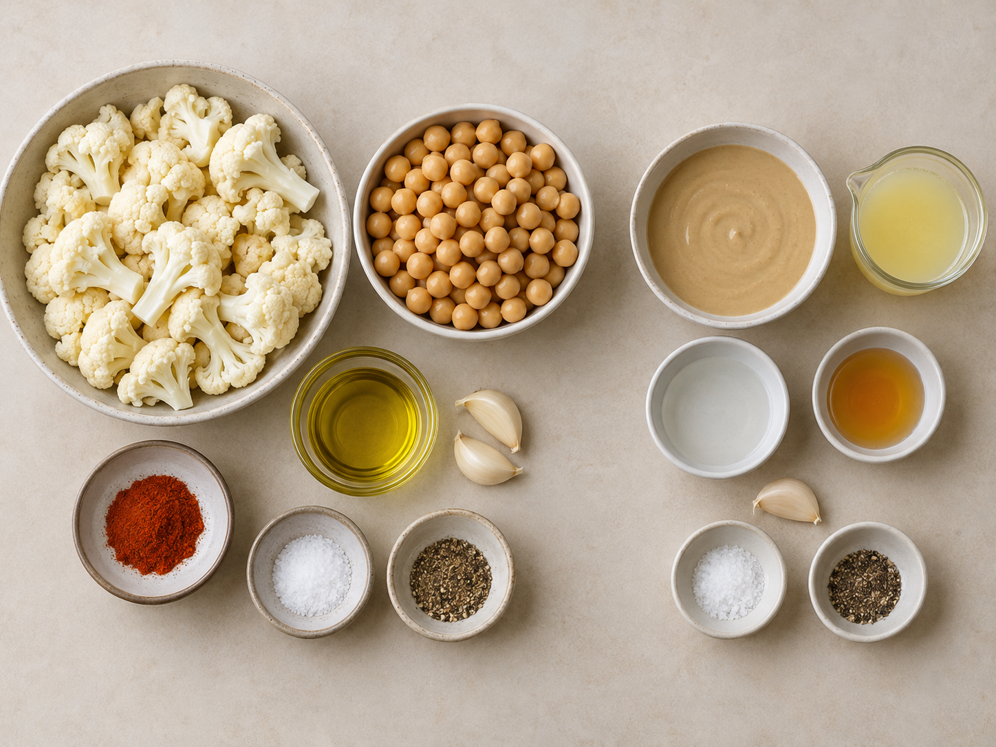 Zutaten für gerösteten Blumenkohlsalat mit Kichererbsen und Tahini-Dressing