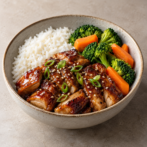 Glänzendes Teriyaki Chicken mit Reis und gedünstetem Gemüse