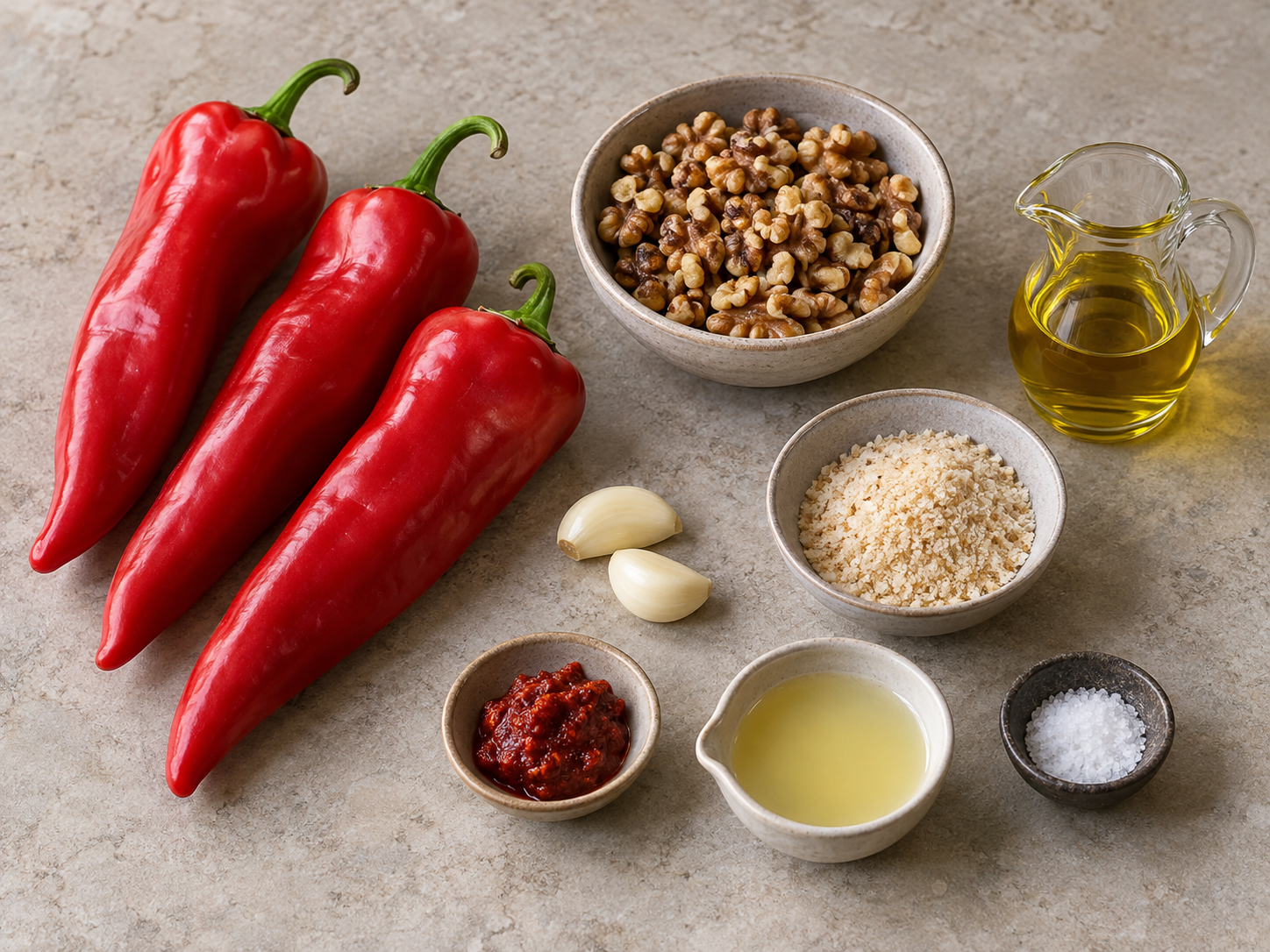 Zutaten für Muhammara mit drei Spitzpaprika und Walnüssen