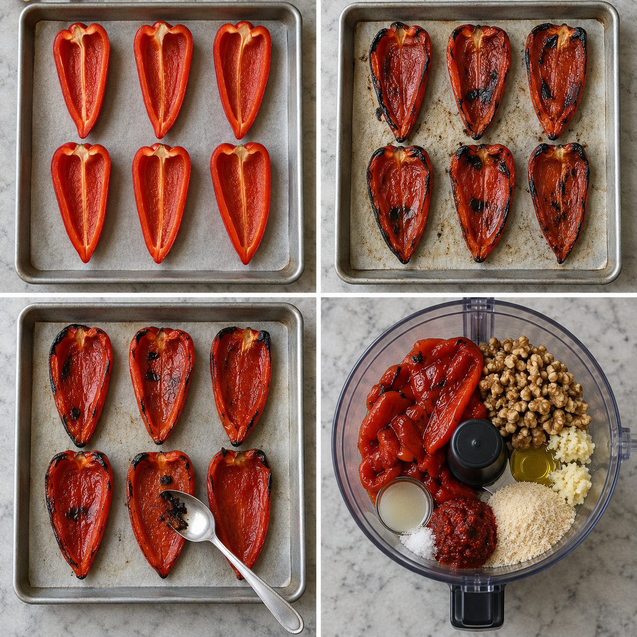 Vier Schritte vom Halbieren und Rösten der Paprika bis zum Mixen des Muhammara