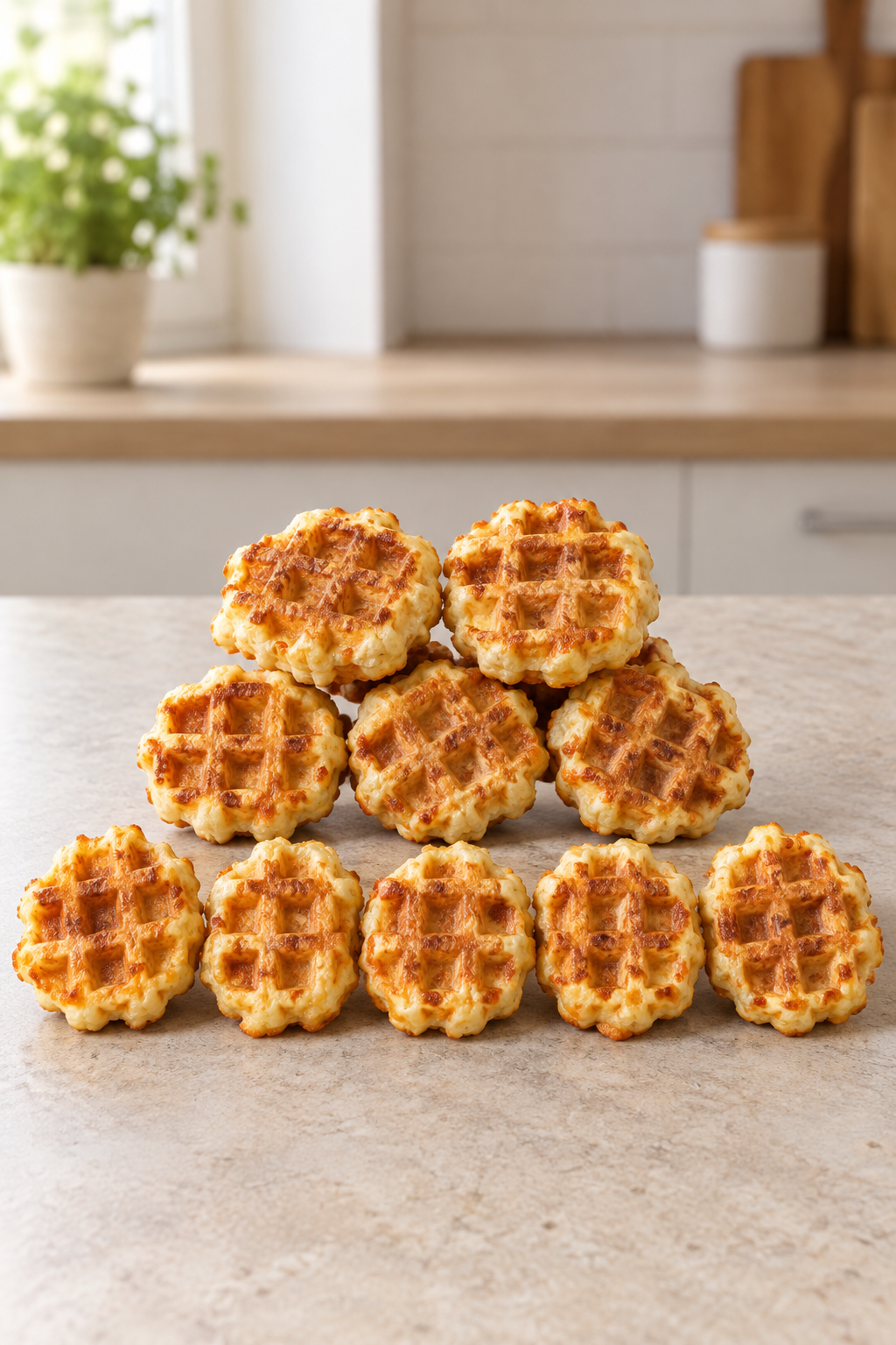 Genau zehn goldbraune Low Carb Käsewaffeln im Hochformat