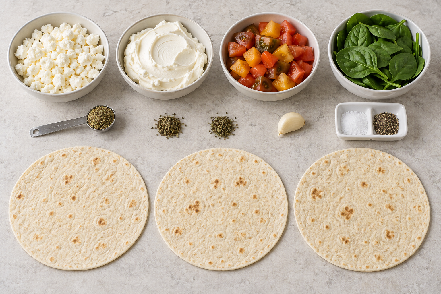 Zutaten für Feta-Tortilla-Röllchen mit Tomaten und Spinat
