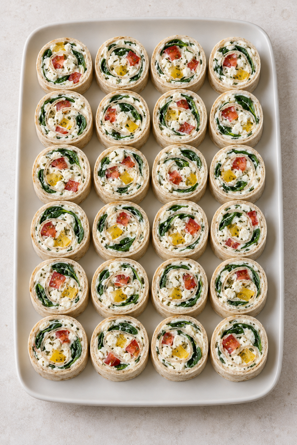 24 Feta-Tortilla-Röllchen auf einer hellen Platte