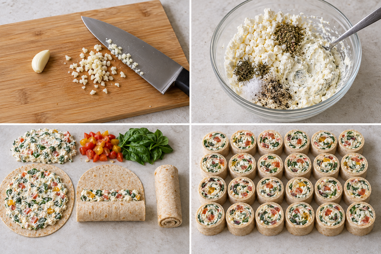 Vier Zubereitungsschritte für Feta-Tortilla-Röllchen