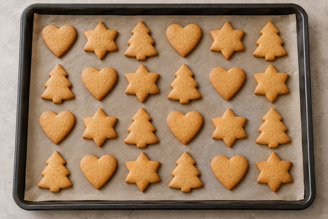 24 schlichte goldene Lebkuchen als Herzen, Sterne und Tannen