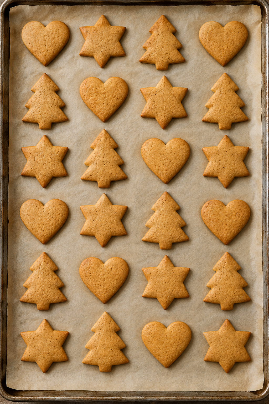 24 schlichte klassische Lebkuchen in Herz-, Stern- und Tannenform