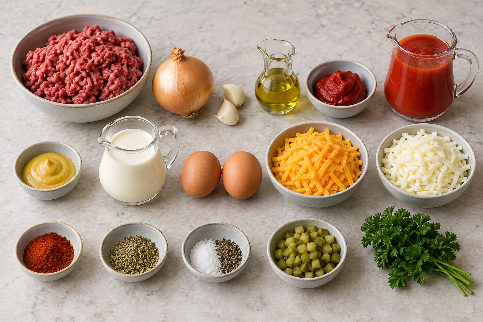Alle Zutaten für Cheeseburger-Auflauf mit Rinderhack, Käse, Sahne und Gewürzen