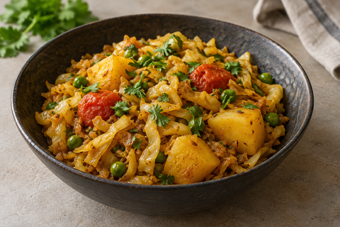 Würziges Weißkohlcurry mit Kartoffeln, Tomaten, Erbsen und frischem Koriander