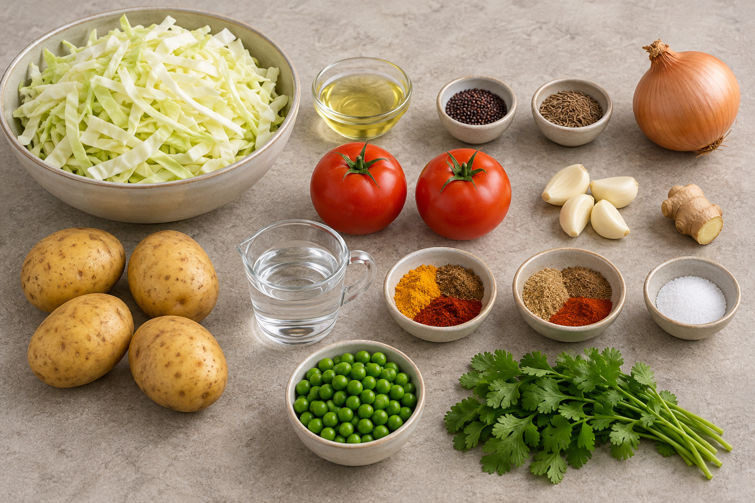 Fünfzehn Zutaten für Weißkohlcurry mit vier Kartoffeln und zwei Tomaten