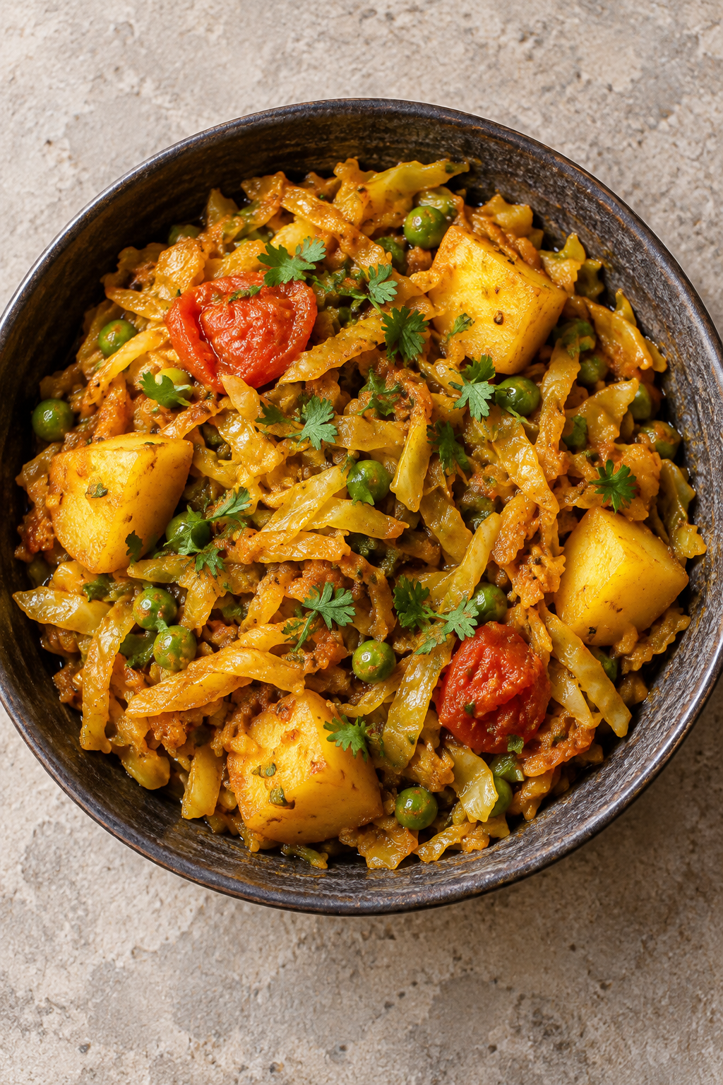 Veganes Weißkohlcurry mit Kartoffeln in einer dunklen Schale